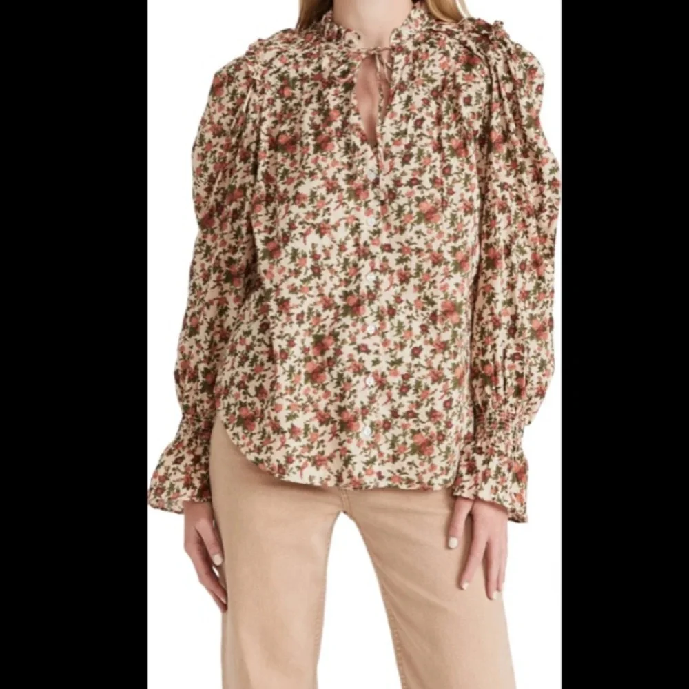 Free People Meant To Be Floral Roses Cotton Poet Blouse Statement Sleeves
